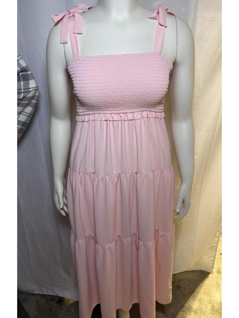 Mi Ami Large Pink Smocked Tie Strap Tiered Maxi Dress coquette Boho Summer Beach